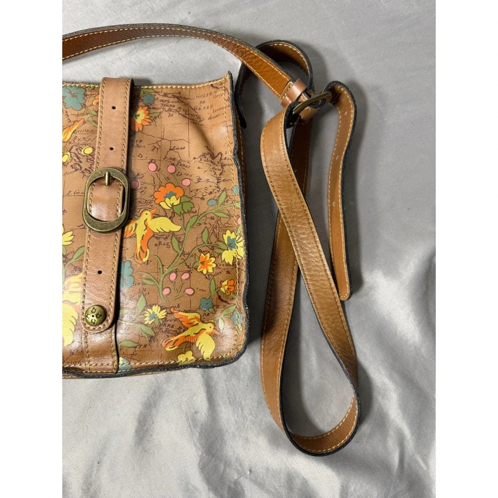 Patricia Nash Leather Crossbody Bag Map Print Floral Bird Tan Tan Brown Square